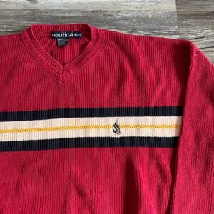 Vintage Nautica Red White Chest‎ Stripe Mens XL Ribbed Knit Sweater 90s Chunky